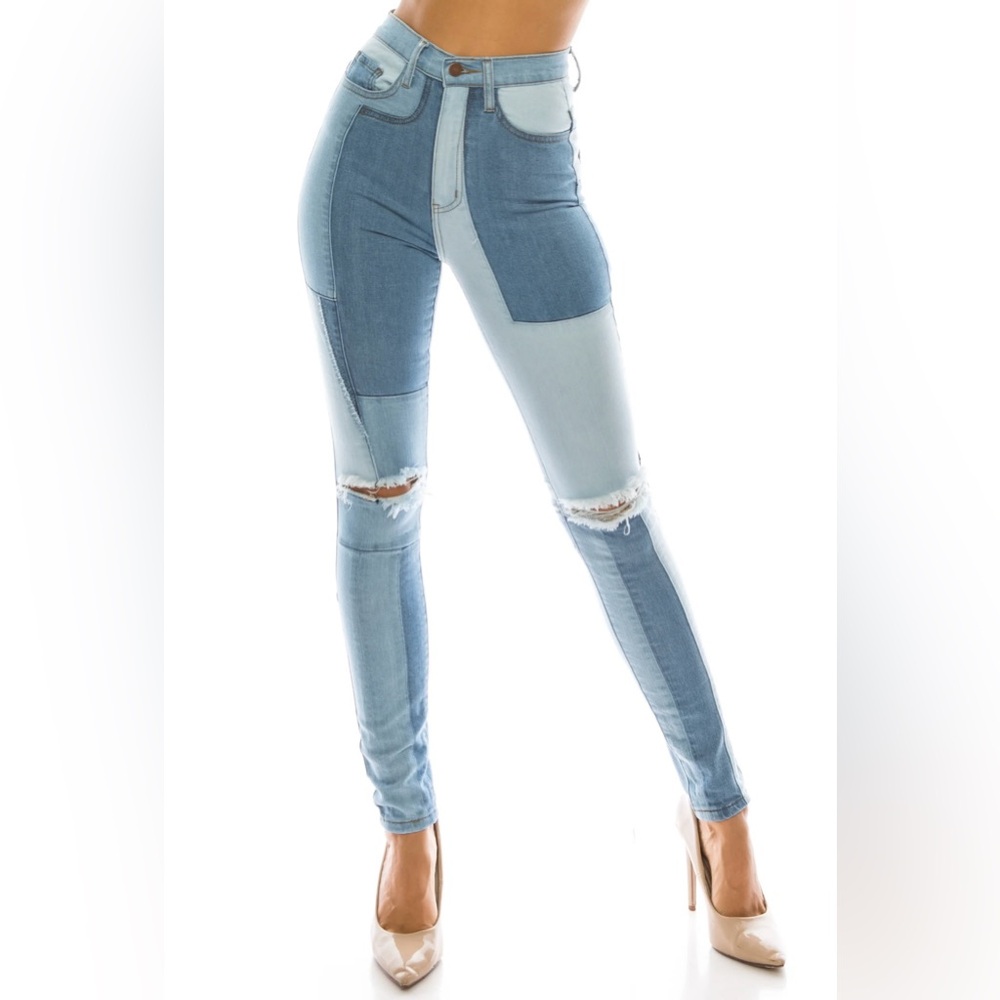 Women’s High Waisted Multi Colored Panel Skinny Jeans